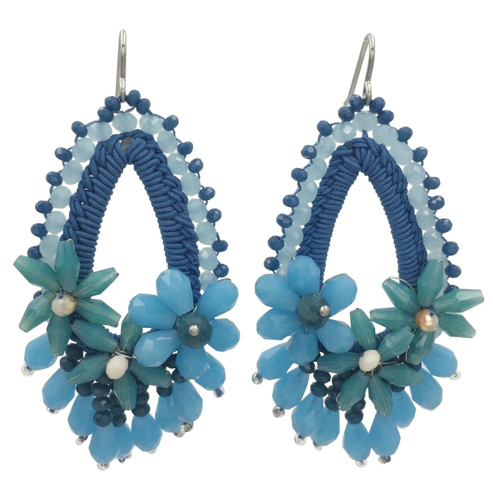 Handmade Blue Tones Artesian Beaded Teardrop Flower Dangle Earrings